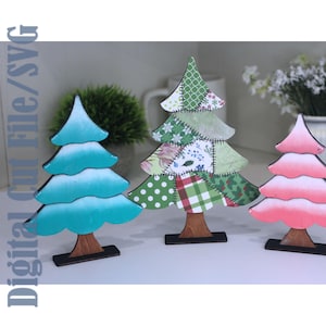 Trio of Patchwork Trees, Paint, Decoupage, Shelf Sitter, Digital Download, Laser ready for 1/8 inch, 3mm wood, SVG.