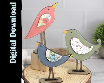 Trío de pájaros, pájaros caprichosos, adorno para estante, descarga digital, listo para láser para madera de 1/8 de pulgada (3 mm), SVG.