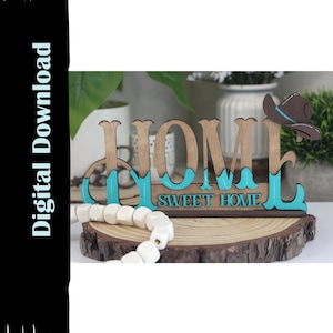 Placa "Home Sweet Home", chapéu de cowboy pendurado, suporte de prateleira, download digital, pronta para laser para madeira de 1/8 pol., 3 mm, SVG.