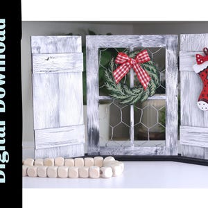 May include: A wooden Christmas decoration with three panels. The center panel features a wreath with a red and white checkered bow. The right panel has a red stocking. The left and right panels have a distressed white finish.