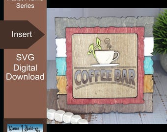 May include: Wooden coffee bar sign featuring a white coffee cup and the words "COFFEE BAR". The sign is framed in red and set against a multi-coloured wooden background. The text "Pallet Frame Series", "Insert", and "SVG Digital Download" are also visible.