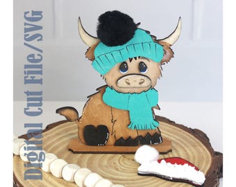 Cute Highland Cow with Holiday Hats, Shelf Sitter, Digital Download, Laser ready for 1/8 inch, 3mm wood, SVG.