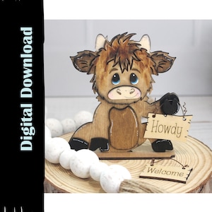 Cute Highland Cow with Hanging Sign, Shelf Sitter, Digital Download, Laser ready for 1/8 inch, 3mm wood, SVG.