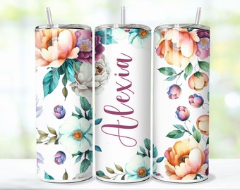 Personalized Floral Name Tumbler, Personalized Floral Tumblers, Custom Tumbler with lid and Straw, Custom Bridesmaid Gift, Floral Tumblers