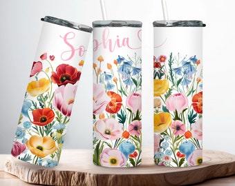 Personalized Name Tumbler, Floral Tumbler, Stainless Steel Cup Straw, 20 oz Skinny Floral Tumbler, Bridesmaid Gift, Custom Christmas Gift