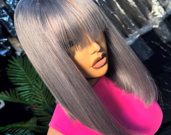 Gray fringe bob wig 100% human hair