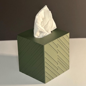 May include: A green tissue box with a geometric pattern. The box is made of a textured material and has a white tissue peeking out of the top.