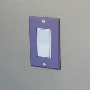 May include: A rectangular light switch featuring a white rocker switch centred within a matte purple wall plate. The plate is secured to the wall with two visible silver-coloured flathead screws positioned at the top and bottom centres.