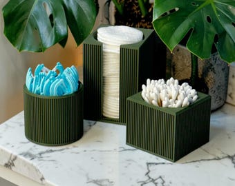 Sage Green Bathroom Trio Set | Square Qtip Container and Round Floss Pick Container