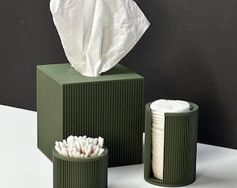 Sage Green Bathroom Trio Set | Modern Vanity Decor, 3D Printed Tissue Holder, Cotton Round