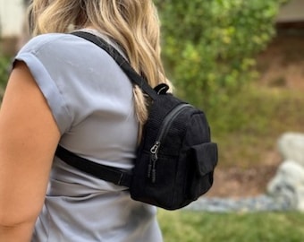 Corduroy Black Mini Backpack: Small Essentials Purse