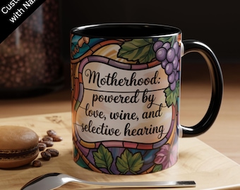Personalized Stained Glass Mom Mug, Motherhood Powered By Love Wine And Selective Hearing, Funny Coffee Cup Gift For Moms