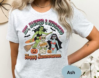 Hot Haunted & Hydrated Shirt, Happy Summerween Tee, Spooky Beach Monsters Shirt, Retro Halloween TShirt Gift, Cute Summerween Top