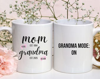 Grandma Mode On Mug, Funny Grandma Gift, Personalized Grandma Mug, Custom Mom and Grandma Established Mug, New Grandma Coffee Cup Gift