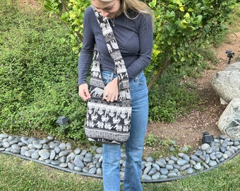 Black White Boho Hobo Bag, Elephant Print Crossbody Purse, Tribal Shoulder Bag, Large Hippie Tote, Ethnic Bohemian Handbag, Cute Travel Tote