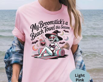 My Broomstick’s A Beach Towel This Summer Shirt, Summerween Witch Tee, Spooky Beach Halloween Shirt, Retro Skeleton TShirt, Cute Witch Top