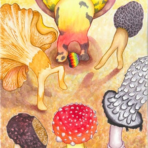 Puede incluir: Una pintura de acuarela de cinco setas con piernas humanas. Las setas son de varios colores, incluyendo rojo, amarillo, marrón y gris. Las setas están de pie sobre un fondo marrón claro.