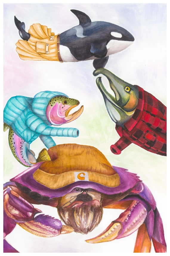 PNW Crab Trout Salmon Orca in Iconic PNW Clothing, Puffy Jacket