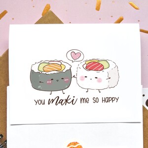 Carte d’amour mignonne de sushi | Tu me rends si heureux | Anniversaire de mariage | Jeu de mots drôle de nourriture asiatique | Carte de vœux gourmande | Appréciation