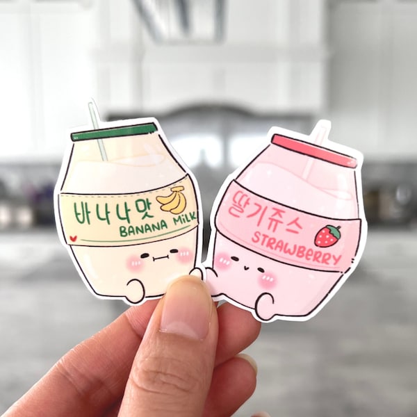 Cute Korean Banana Milk Stickers | Strawberry | Asian Drinks | Waterproof Vinyl Sticker for Laptop, Planner, Journal, Water Bottle