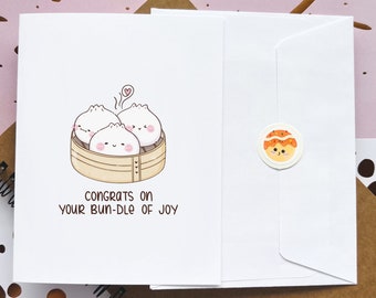 Félicitations pour votre Bundle of Joy | Carte de fête de naissance | jeu de mots sur la nourriture | Carte mignonne | de voeux | Drôle | Carte Dim Sum | Cuisine asiatique