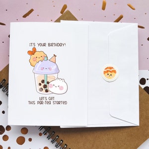 Commençons ce par-thé | Carte de voeux de joyeux anniversaire | Jeu de mots | Mignon drôle | Thé aux perles | Boissons asiatiques