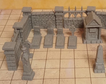 Modelle "Friedhofsmauern und Grabsteine" passend zu "Friedhofsportal mit Gargoyles", 28mm Maßstab (Fantasy, Rollenspiel, Tabletop,Typ:MTS09)