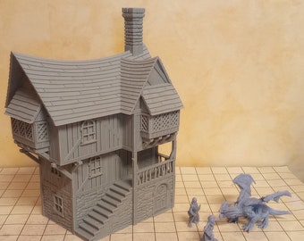 Modell "mittelalterliches Stadthaus 'Greendale'" mit 3 Stockwerken + Dach im 28mm Maßstab (Fantasy, Zubehör, Rollenspiel, Tabletop, MTS 01)