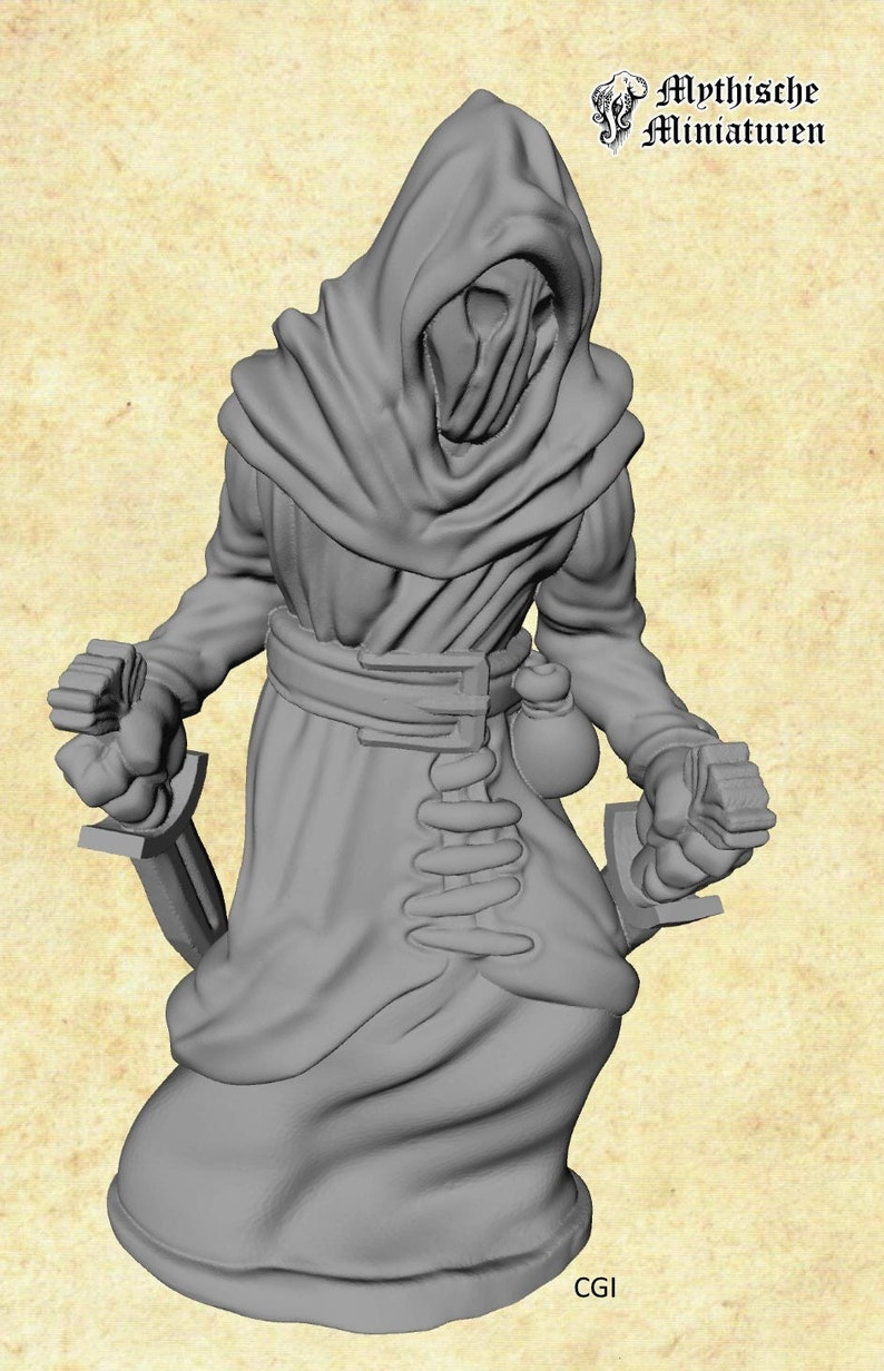 masked cultist with two daggers myth miniature, role-playing, tabletop image 1