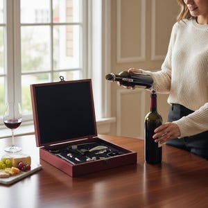 May include: A red wine bottle is being poured into another bottle with a wine pourer. A wooden wine box with various wine tools is open on a table. A wine glass with red wine and a cheese and fruit board are also on the table.