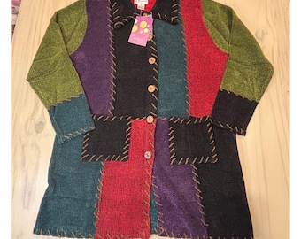 Kathy Levine by Request Multicolor Patchwork Cardigan Sweater Womens Medium NWT