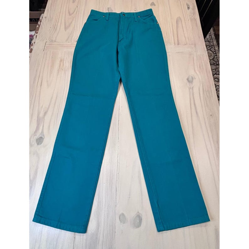Wrangler 13MWNAM Teal Blue High Rise Straight Leg Jeans USA Women's 16x34 Rodeo image 1