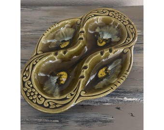 Vintage USA MCM Ceramic Ash Tray Avocado Green Retro Mid Century 11" X  8"