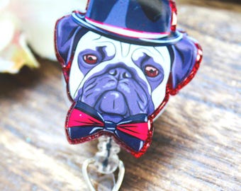 Bobine d'insigne carlin hipster, cadeau pour amoureux des chiens, porte-cartes d'identité en acrylique