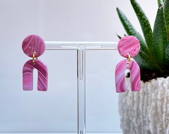 Arch Dangle Earrings | Pink and White | Polymer Clay | Lightweight | Hagert St in Pink