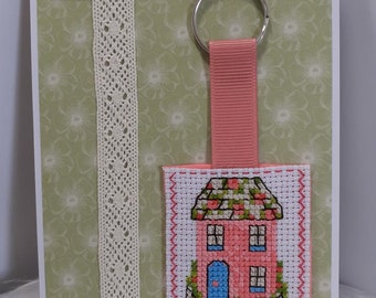 New Home card, Handmade, Keyring gift, New home gift, Cross stitched, Card and gift, Greetings cards, House Warming