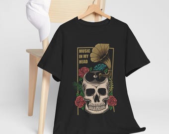 Music In My Head Graphic T-Shirt | Vintage Skull Record Player Tee | Unisex Black Cotton Shirt | Gift for Musicians & Music Lovers