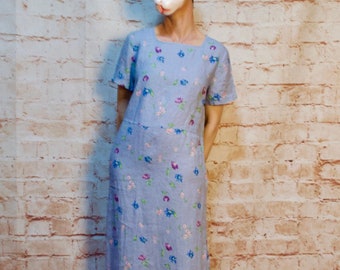 Vestido vintage 90s lino floral azul talla 14 P