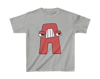 May include: A gray t-shirt with a red letter A that has a cartoon face with angry eyebrows and a mouth with teeth.