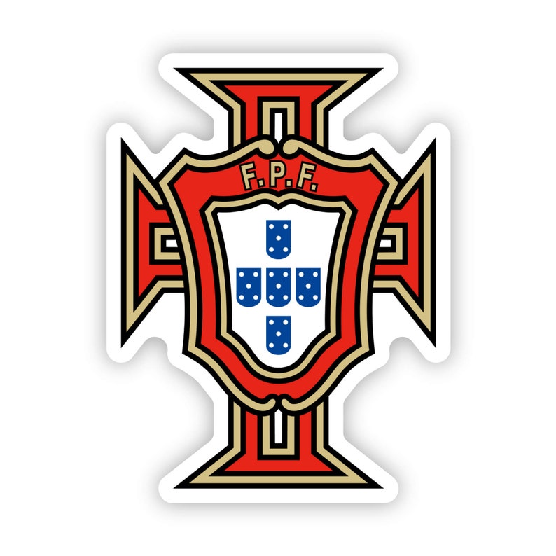 Puede incluir: Un escudo rojo y dorado con un escudo blanco que presenta cinco estrellas azules de cinco puntas y una cruz azul. El escudo est&aacute; rodeado por una cruz roja con ribetes dorados. El texto "F.P.F." est&aacute; escrito en dorado en el escudo.
