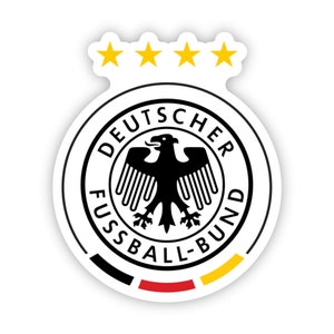 May include: Black and white logo of the German Football Association (Deutscher Fussball-Bund) with a black eagle and four gold stars above the circle. The text "Deutscher Fussball-Bund" is written in a circle around the eagle.