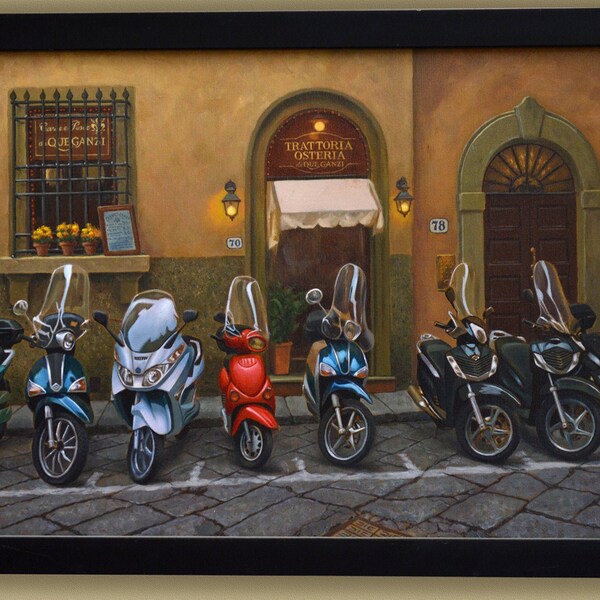 Vespas at the Trattoria, Florence, Italy, Original Framed Oil Painting, Italian Scenic  Artwork