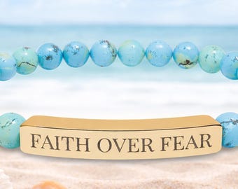FAITH OVER FEAR Engraved Bracelet Personalized Inspirational Jewelry for Women or Custom Message