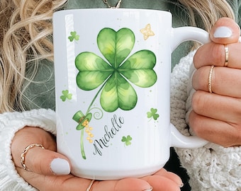 Personalized Shamrock Mug with Custom Name, Watercolor Four Leaf Clover Leprechaun Hat Irish St Patricks Day Gift for Mom 11oz 15oz
