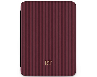 Burgundy Striped Kindle Case with Initials, Personalized Wine Red Kindle Cover, Monogram E Reader Case, Preppy Stripe Gift