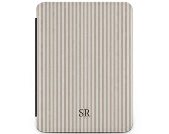 Personalized Kindle Case with Initials, Beige Vertical Stripe Cover, Neutral Monogram E Reader Case