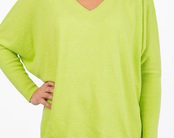 Pull femme col V chauve-souris en cachemire printemps été taille unique fabriqué en Italie vert acide