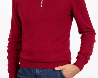 Pull en mélange de cachemire pour hommes Half Zip Pull Marenza pull d'hiver froid Bordeaux M L XL XXL Mais en Italie