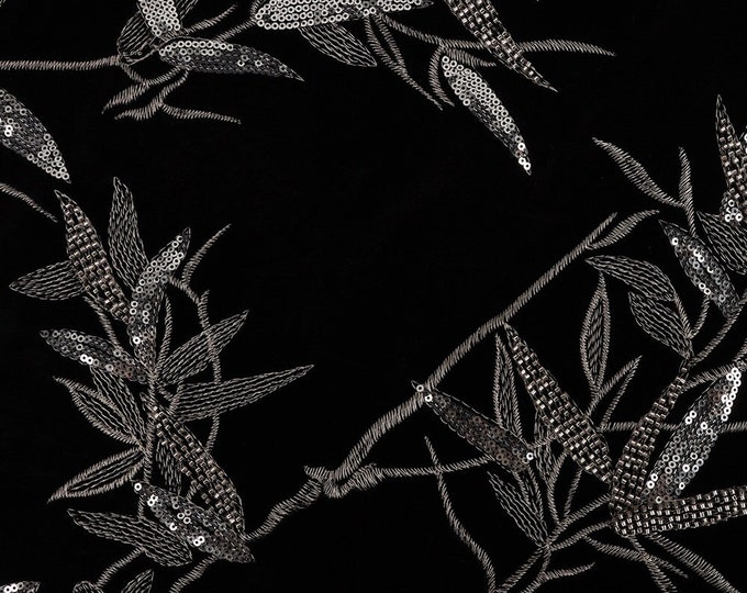 49”Wide bamboo embroidery black velvet fabric by the Meter, Dress, Curtains, Drapery, Upholstery, Sewing, Cheongsam, shoes, suits/fabric