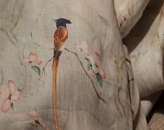 100% Ramie Fabric flowers and birds  For Clothing & Home Textile, 55“W, Upholstery, Costume, Curtain, bag, Sewing, Scarf/Fabric by the meter